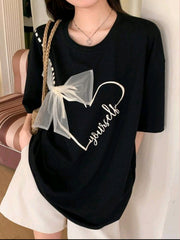 Women Bow & Heart Print Casual Short Sleeve Graphic T-Shirt