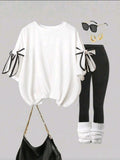 Women White and Black Bow Decor Casual T-Shirt