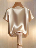 Women V-Neck Pearl Decor Satin Top – Elegant Short Sleeve Blouse