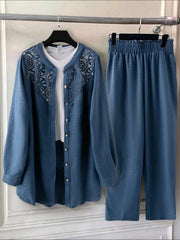Plus Size Linen Blend Lace Patchwork Shirt & Pants 2pcs Set
