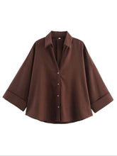 Women Brown Turndown Collar Button-Up Casual Long Sleeve Shirt