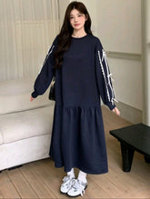Women Solid Color Patchwork Bow Decor Casual Midi Dress