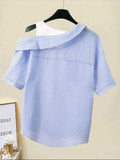 Women Blue & White Striped Short Sleeve Casual Blouse
