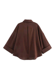Women Brown Turndown Collar Button-Up Casual Long Sleeve Shirt