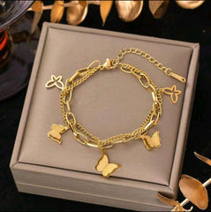 Women Double-Layer Butterfly Charm Stainless Steel Bracelet