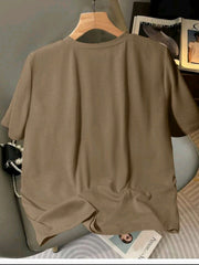 Women Khaki Knitted Bow Front Round Neck Casual T-Shirt