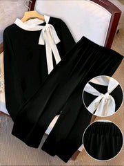 Women Contrast Color Knot Collar Top & Pants 2pcs Set