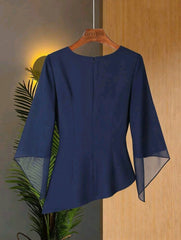 Women Flowy Navy Blue Butterfly Sleeve Waist Cinched Top