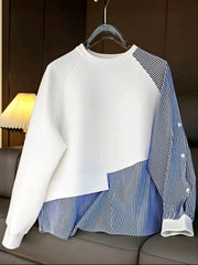 Women Striped Patchwork Contrast Color Ribbed Button Casual Top