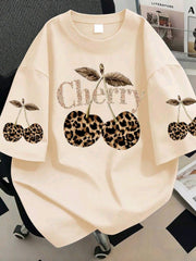 Plus Size Women Leopard Cherry Print Casual Loose Short Sleeve T-Shirt