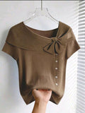Women’s Brown Asymmetric Bow Decor Casual T-Shirt