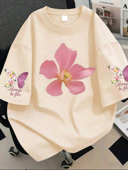 Plus Size Women Floral & Butterfly Print Casual Summer T-Shirt