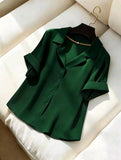 Women Blazer Collar Short Sleeve Green Elegant Summer Shirt