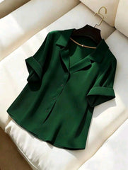Women Blazer Collar Short Sleeve Green Elegant Summer Shirt