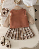 Baby Girl 3-Piece Winter Bear Bow Knit Vest, Shirt & Pleated Skirt