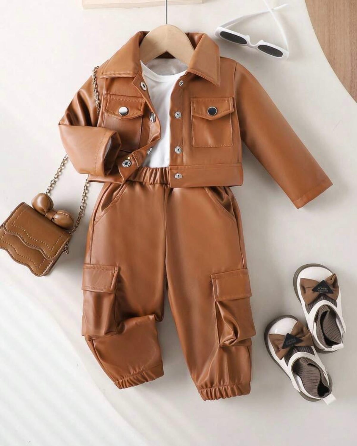 Baby Girl 3-Piece Brown & White Grunge Outfit Set – Graphic Jacket, Top & Pants