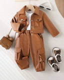 Baby Girl 3-Piece Brown & White Grunge Outfit Set – Graphic Jacket, Top & Pants
