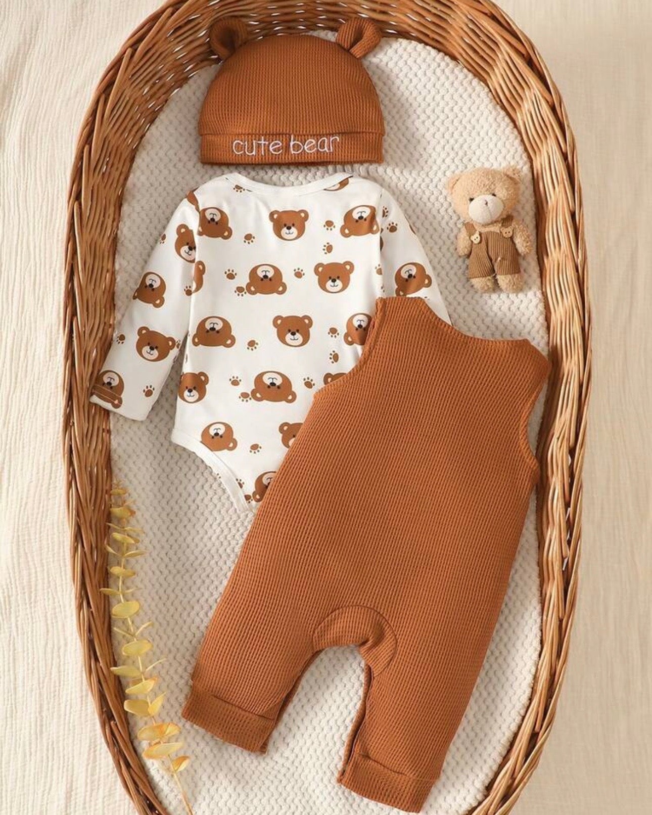 Newborn Baby Boy Brown Bear Jumpsuit Set with Letter Embroidered Romper & Hat