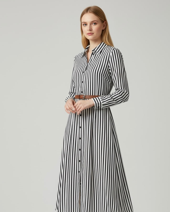 Women's Striped Woven Fabric Long Sleeve Midi Dress Casual Flared Hem Shirt Dress