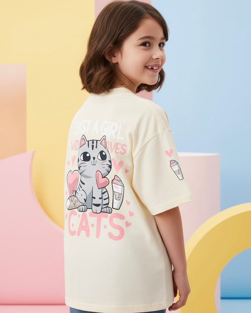 Girls' Cartoon Cat & Heart Print T-Shirt - Summer
