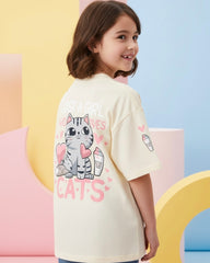 Girls' Cartoon Cat & Heart Print T-Shirt - Summer