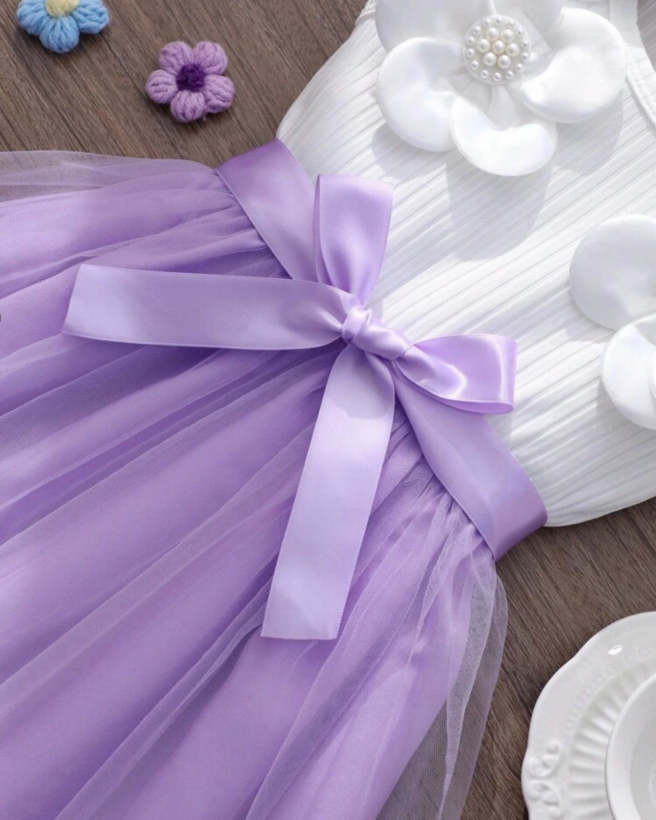 Kids Girls 3D Purple Floral Mesh Sleeveless Summer Party Dress