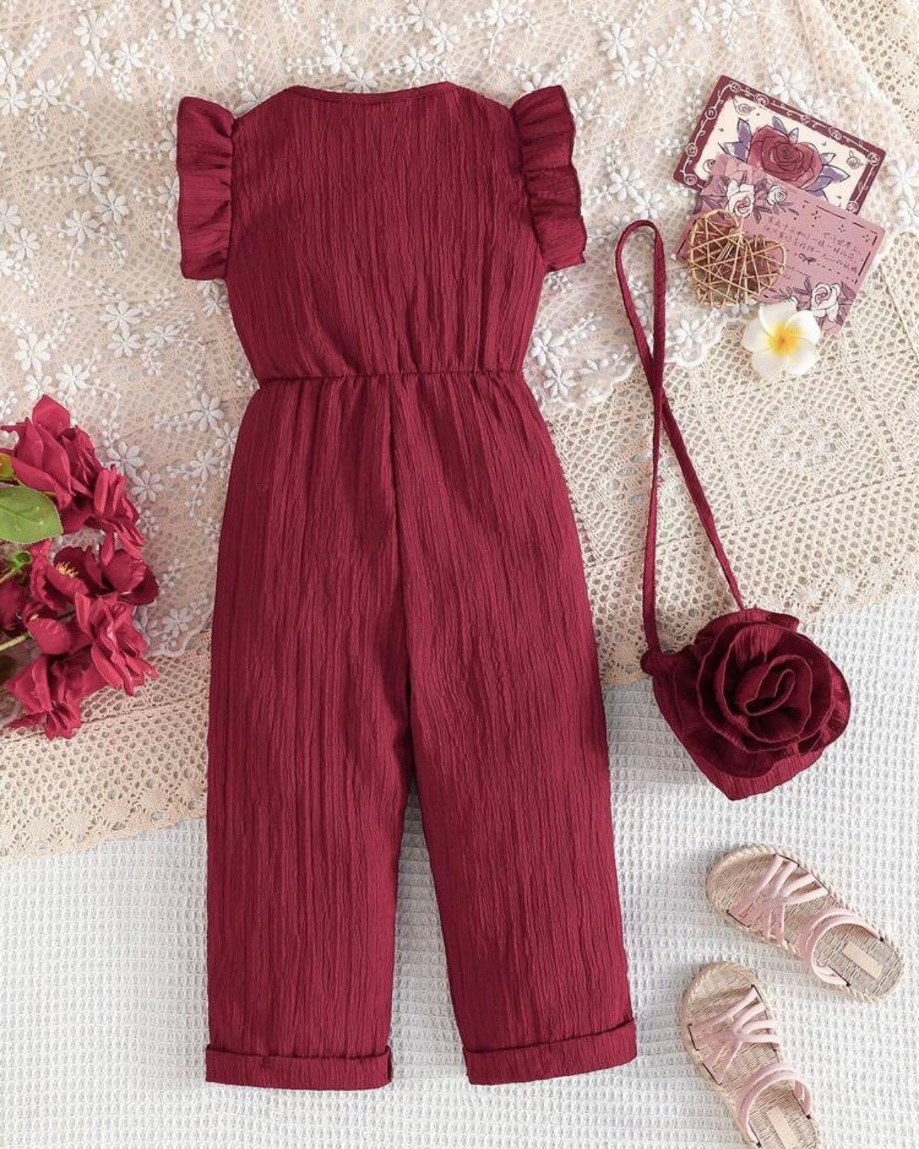 Kids Girls Burgundy Floral Romper Set with Crossbody Bag