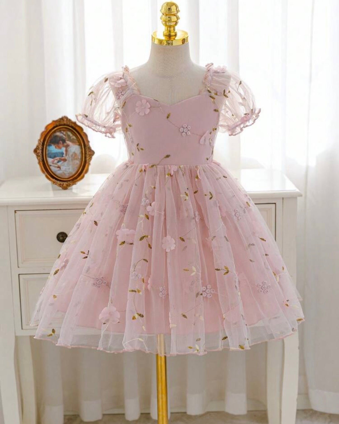 Pink Puff Sleeve Formal Party Tulle Dress with Cinched Waist