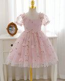 Pink Puff Sleeve Formal Party Tulle Dress with Cinched Waist