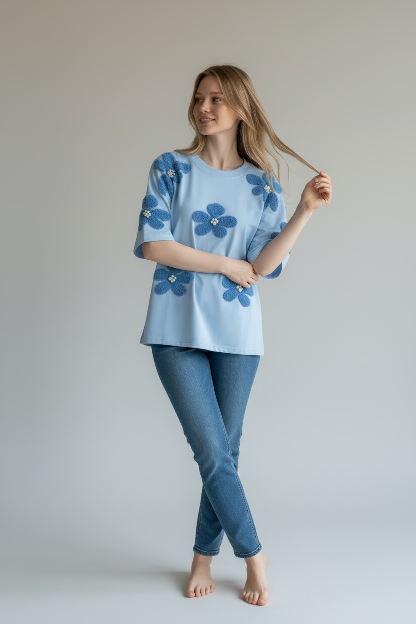 Women's Round Neck Digital Printed Flower Studded T-Shirt
