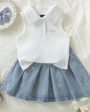 Girls  2pc White Polo Top with Bow & Denim Skirt