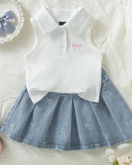 Girls  2pc White Polo Top with Bow & Denim Skirt