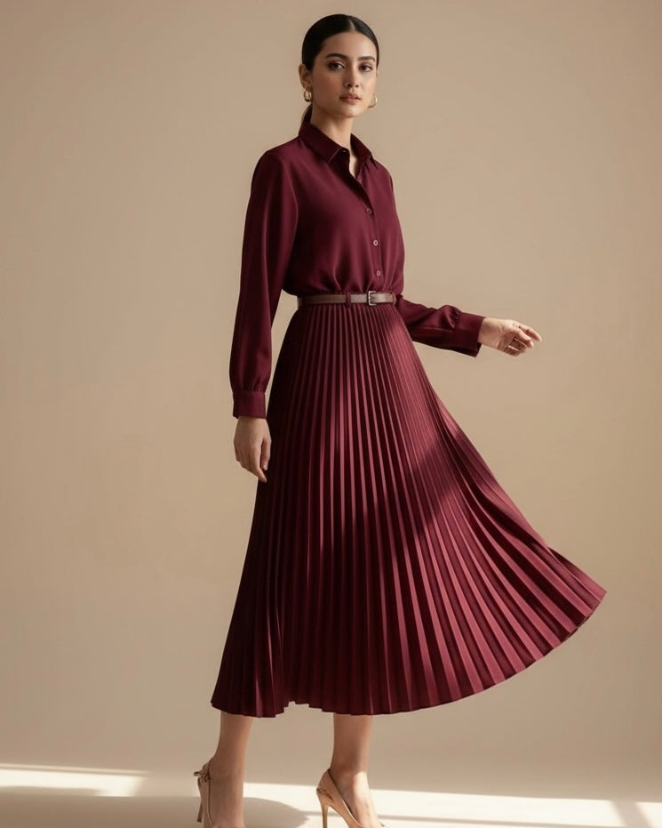Solid Color Long Sleeve Shirt Paired With A-Line Skirt, Pleated Skirt Comes With Belt