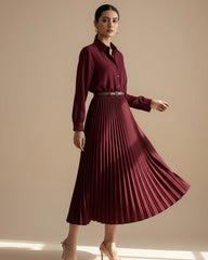 Solid Color Long Sleeve Shirt Paired With A-Line Skirt, Pleated Skirt Comes With Belt