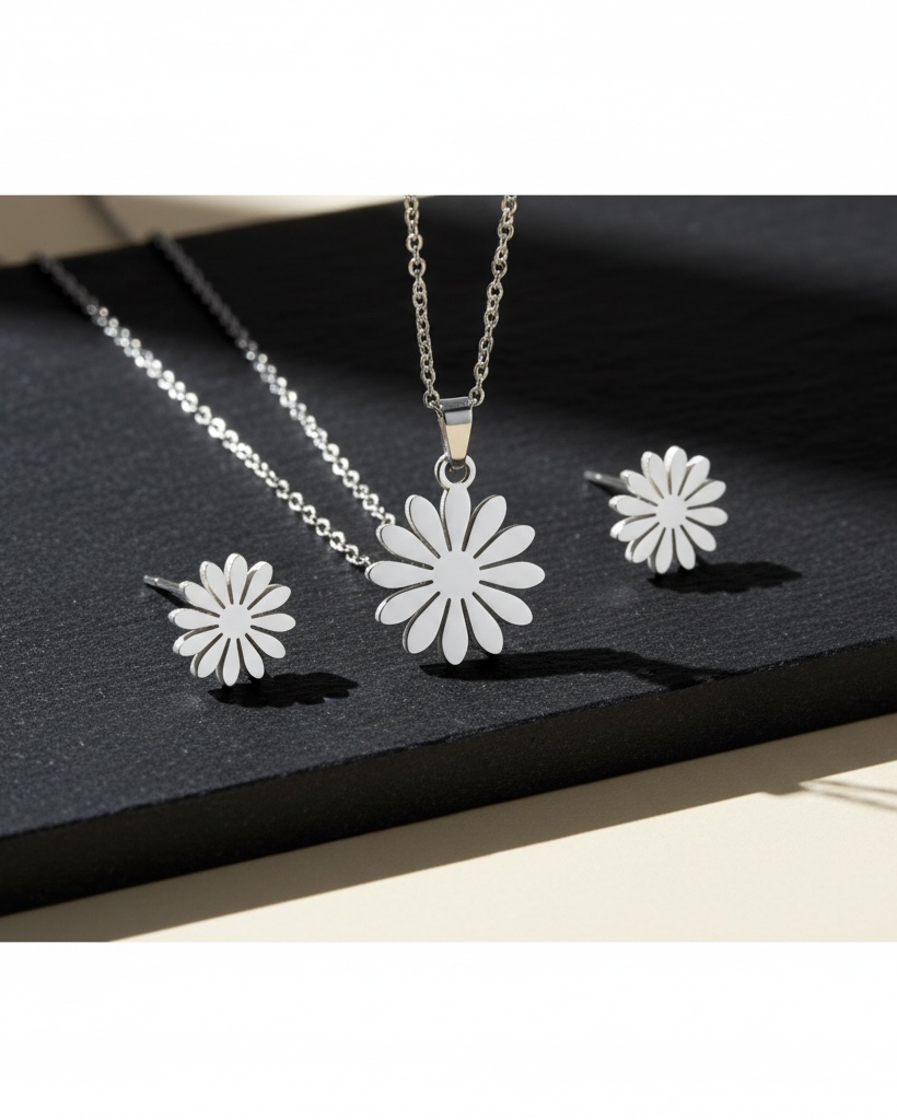 Silver Golden Flower Pendant Necklace and Earrings