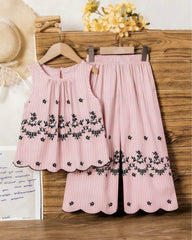 Girls Sleeveless Co-Ord Set – Pink Printed Embroidered Hem Top & Wide-Leg Pants