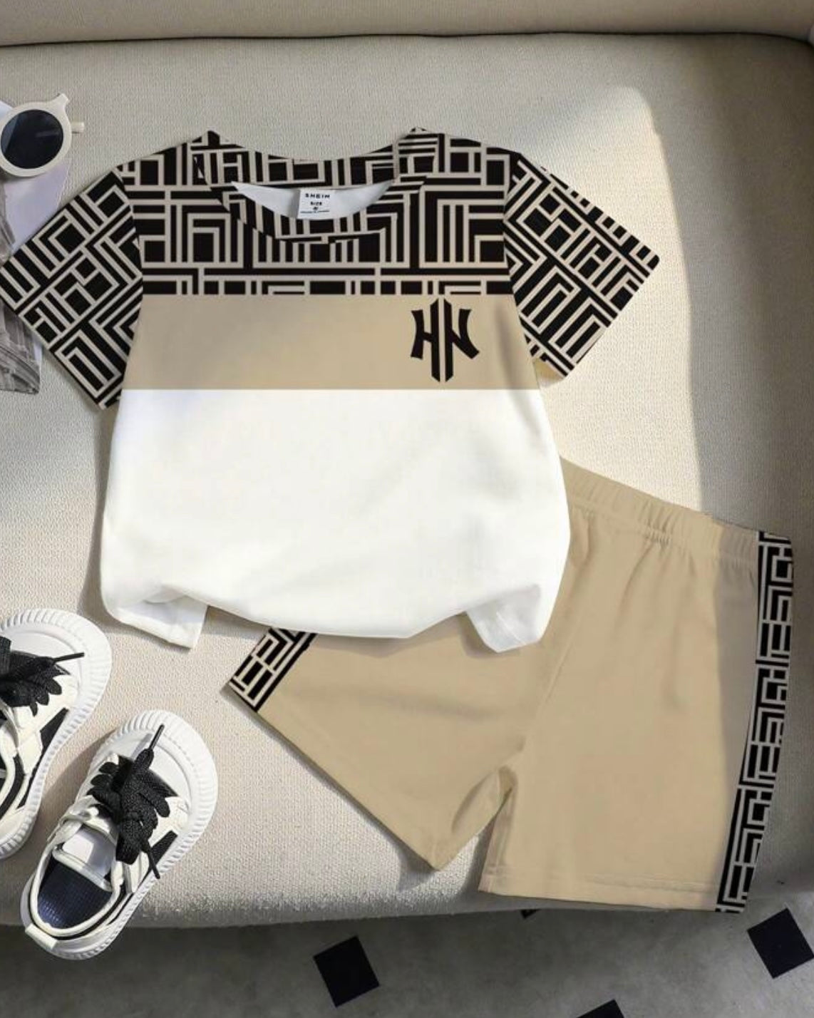 Plaid Splice Round Neck Short Sleeve T-Shirt And Shorts