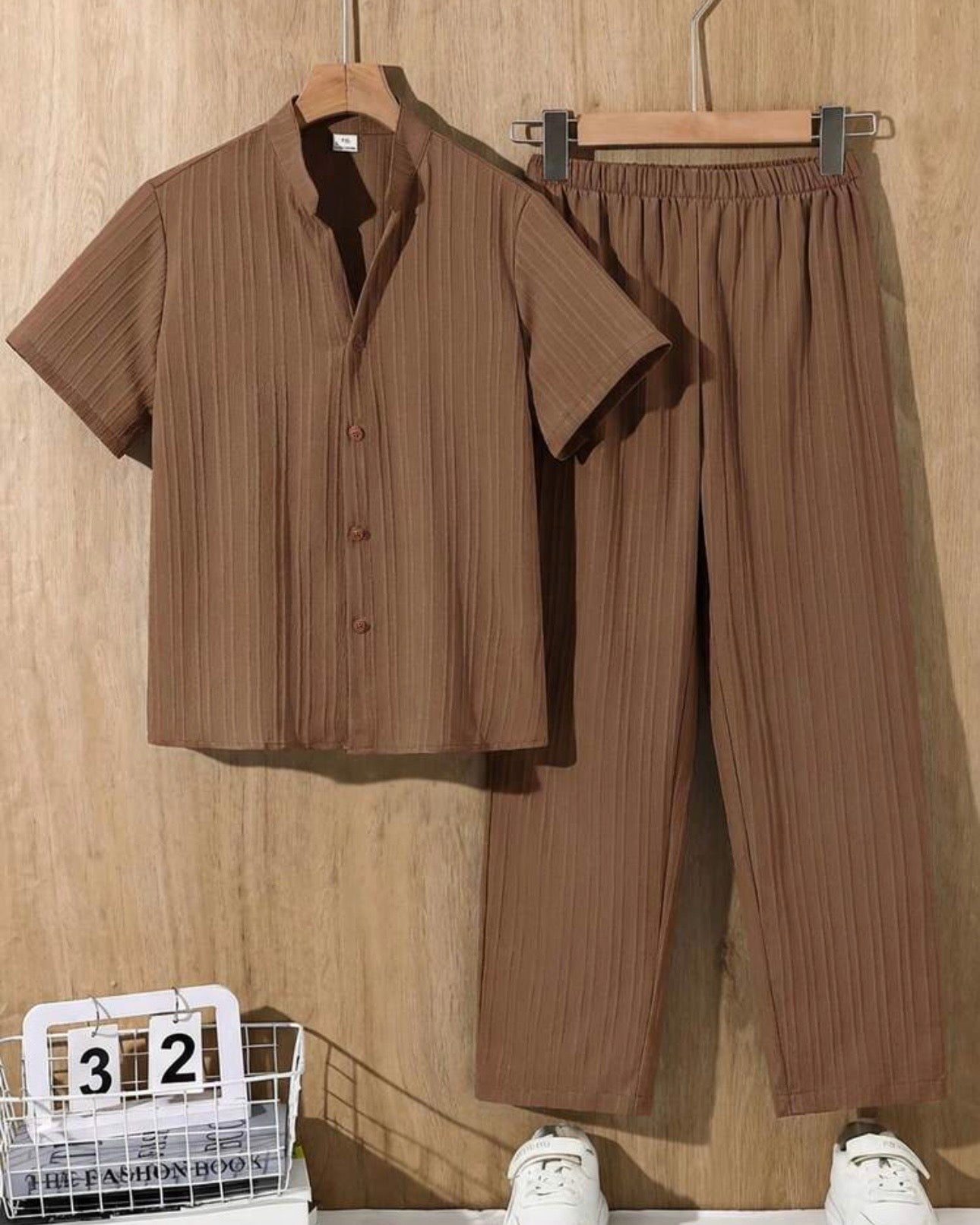 Tween Boys Brown Textured Shirt & Trouser Set