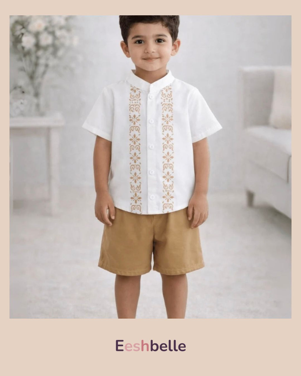 Boys Floral Print Collared Shirt And Khaki