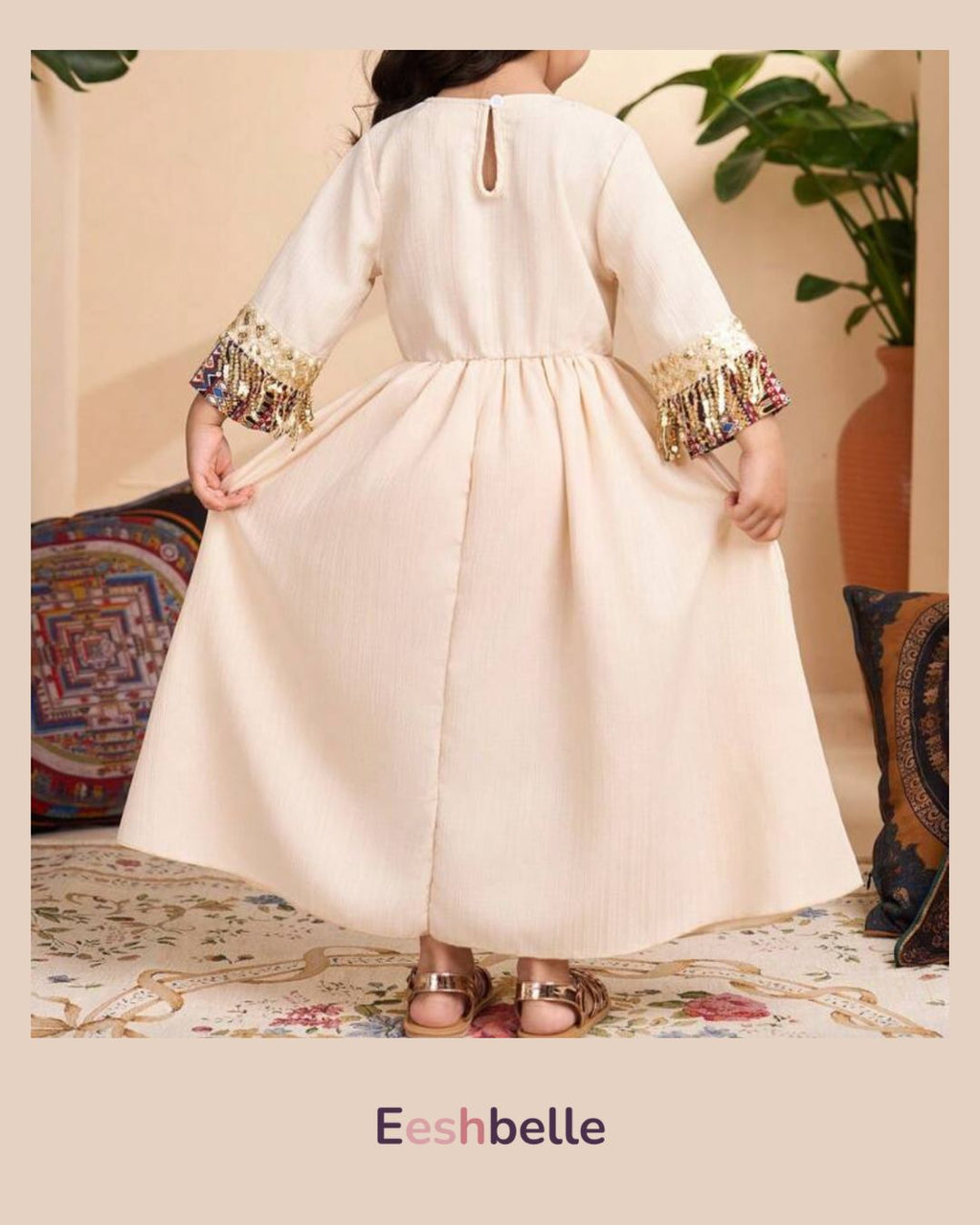 Apricot Long Sleeve Totem Retro Print Dress