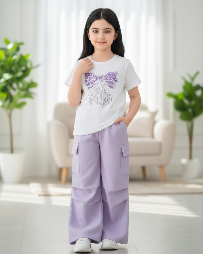 Tween Girls Purple Bow Embroidery White T-Shirt & Cargo Pants Set
