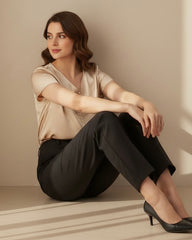 Women V-Neck Pearl Decor Satin Top – Elegant Short Sleeve Blouse