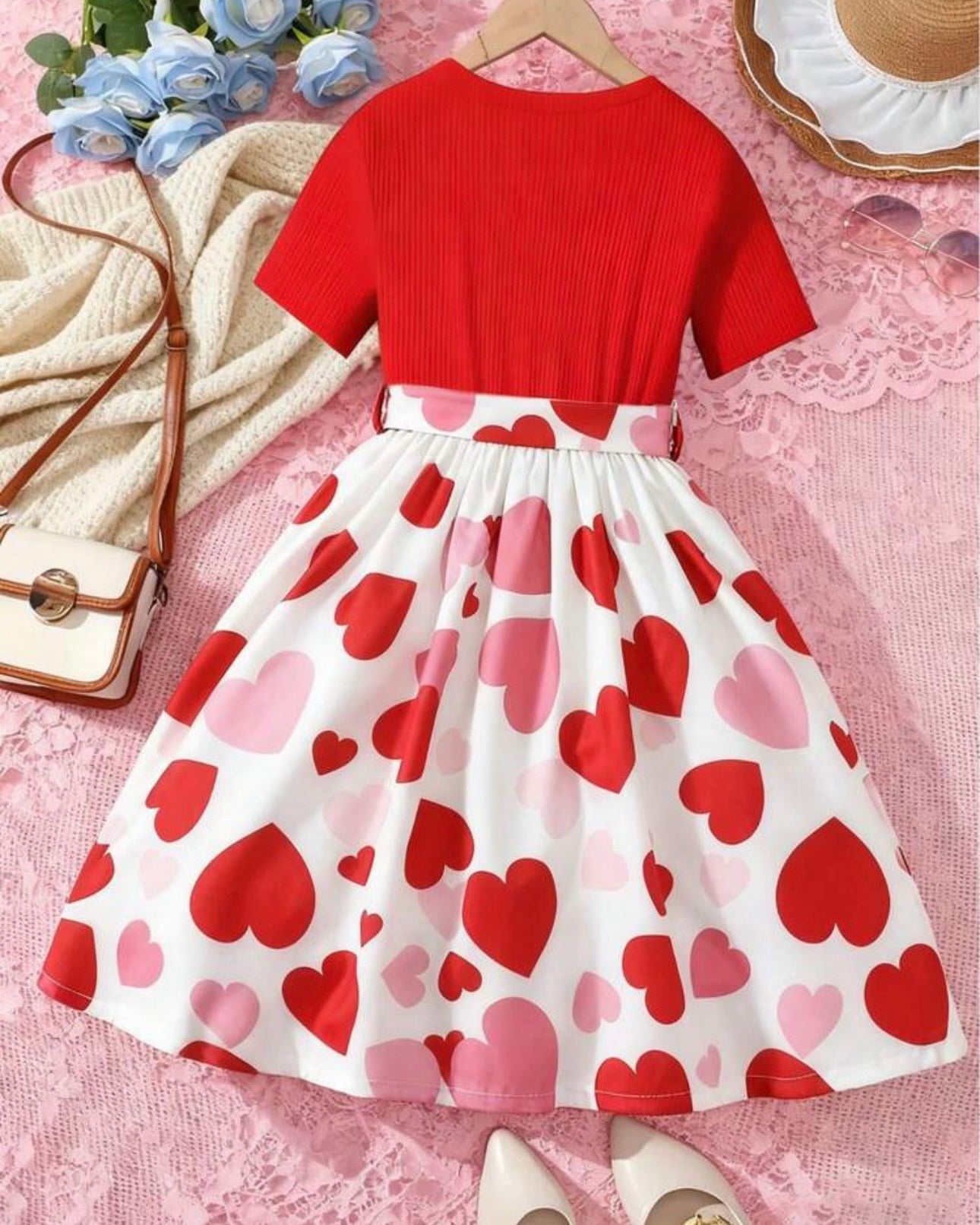 Girls Red Knit Dress with Heart Hem & Tie Waist – Cute Summer Casual Dress for Kids