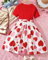Girls Red Knit Dress with Heart Hem & Tie Waist – Cute Summer Casual Dress for Kids