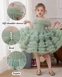 Girls Mint Green Sequin Princess Dress – Off-Shoulder Beaded Mesh Party Dress