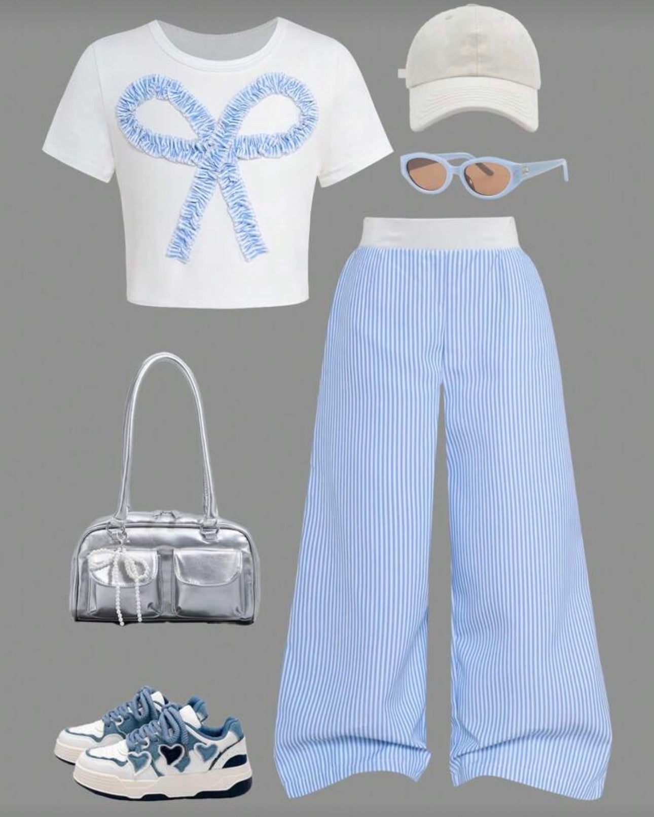 2pcs Toddler Girl Sky Blue Striped Bowknot T-Shirt & Pants Set
