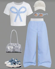 2pcs Toddler Girl Sky Blue Striped Bowknot T-Shirt & Pants Set