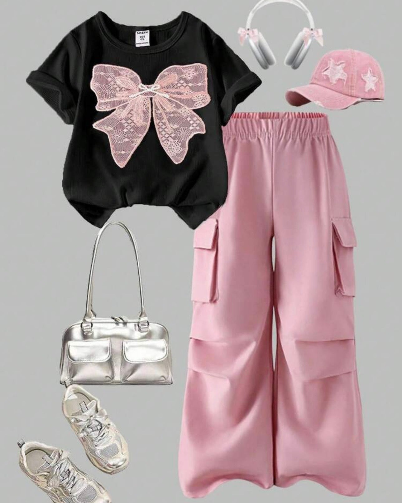 Girls Bow Pink Embroidery Black T-Shirt & Cargo Pants Set