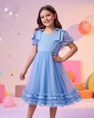 Tween Girl Blue Princess Chiffon Dress with Bow – Elegant Party & Flower Girl Dress