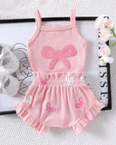 2Pcs Baby Pink Embroidered Camisole Romper & Shorts Set